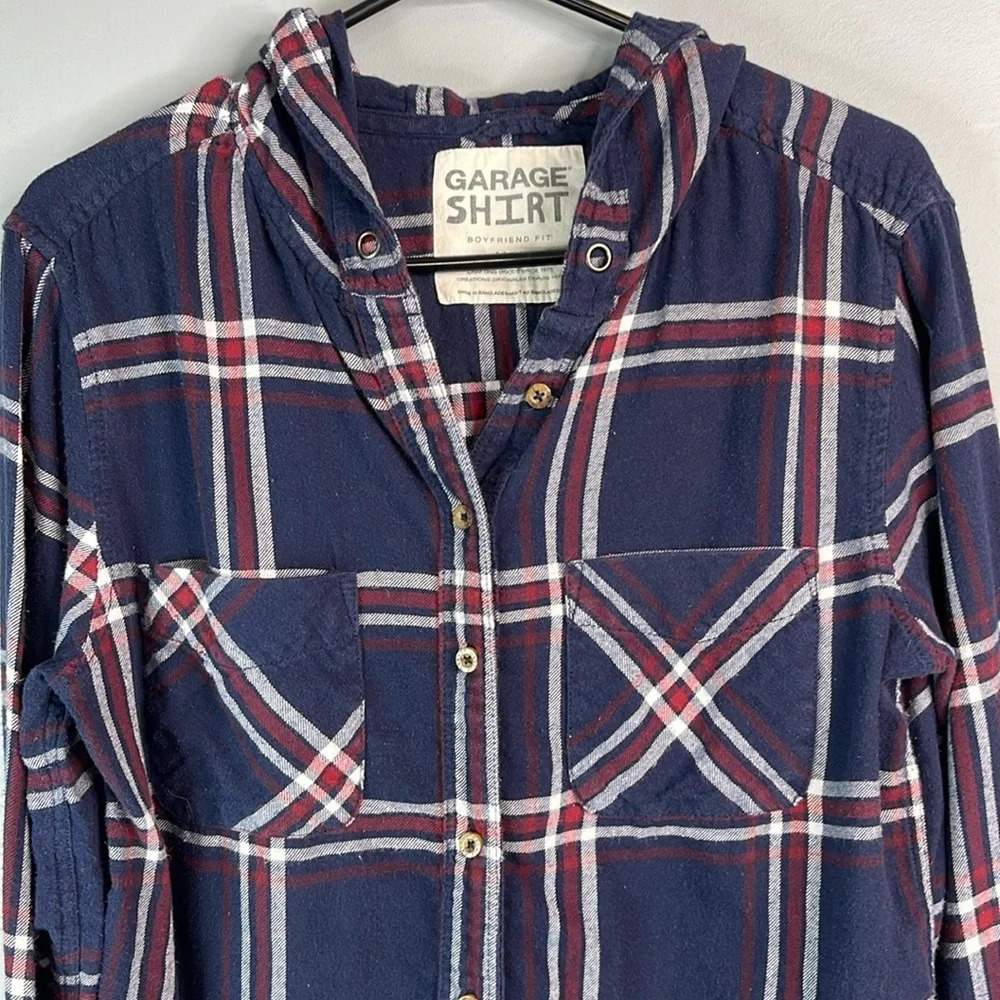 GARAGE Boyfriend Fit Plaid Hooded Flannel Shirt Navy Blue Burgundy White Size M - Picture 3 of 13